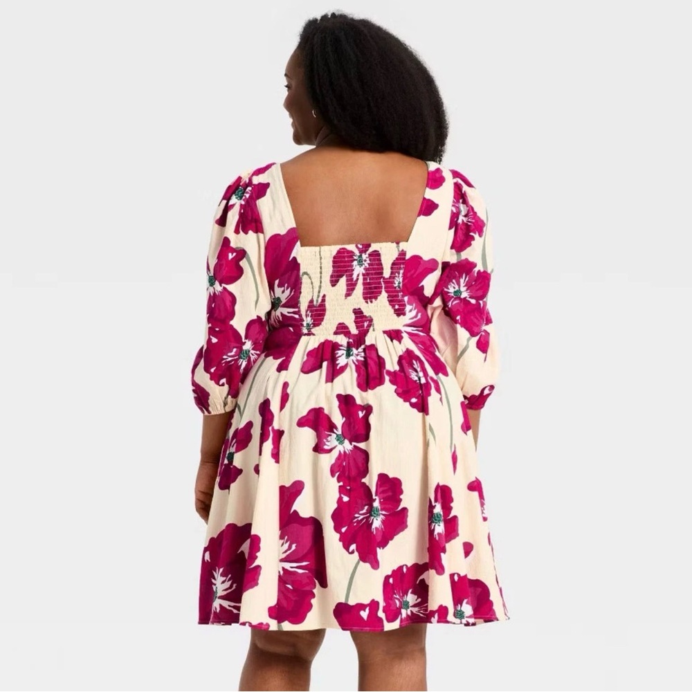 Ava & Viv NWT Cream and Pink Floral A-Line Midi Dress Size 2X - Picture 3 of 4
